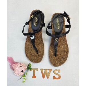 Lauren Ralph Lauren Black Patent Leather Cork Wedge Sandals RLL Logo